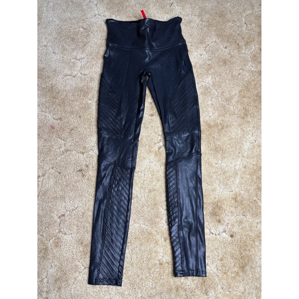 Spanx Black Moto Faux Leather Leggings High Waisted Ribbed Panels S/P 20114R